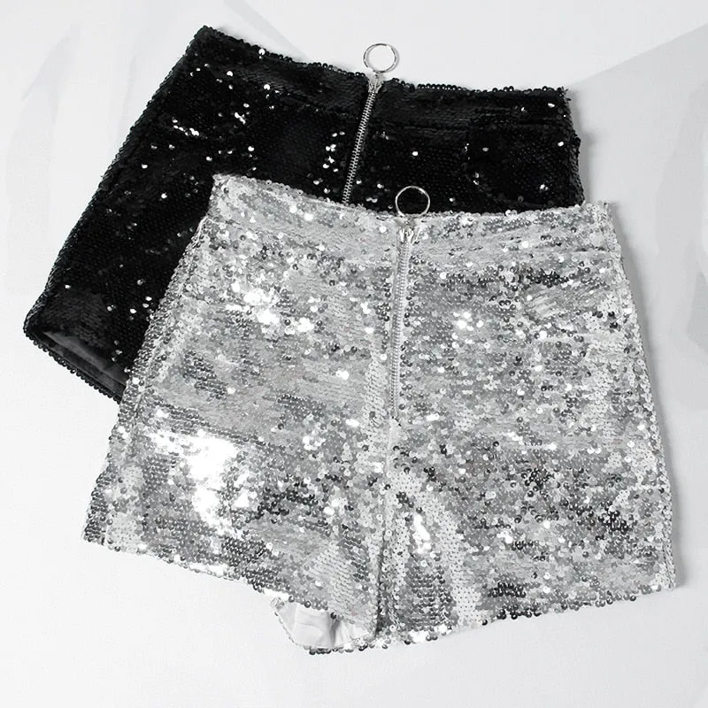 Sequin Shorts High Waist O-Ring Zip Front Bodycon