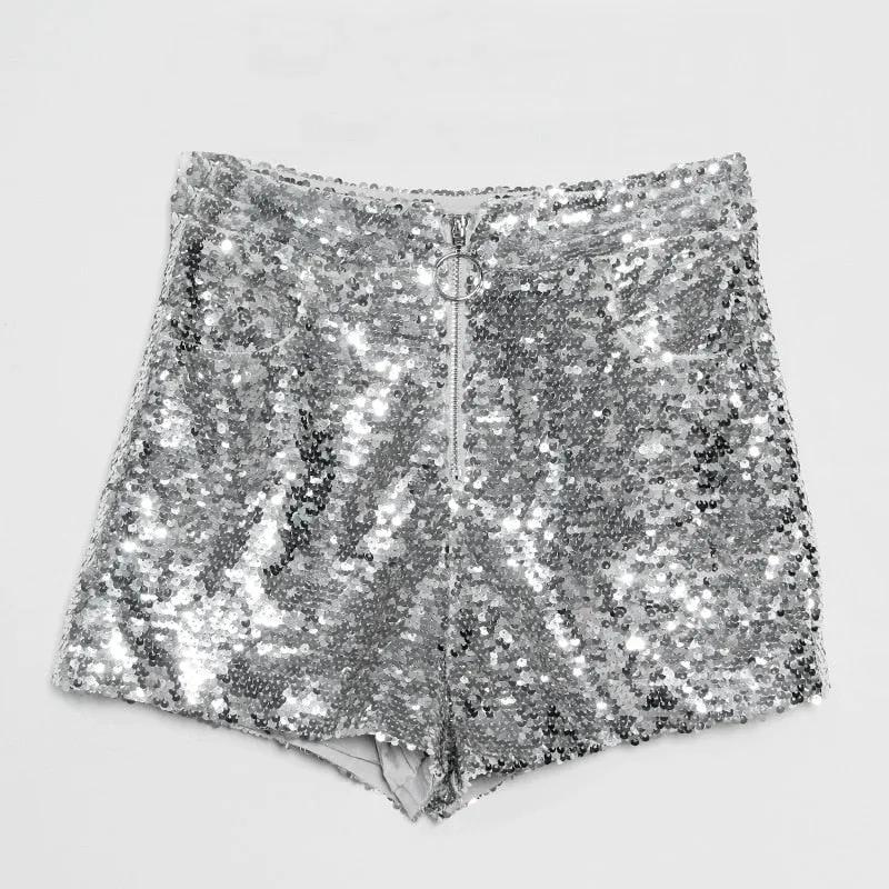 Sequin Shorts High Waist O-Ring Zip Front Bodycon