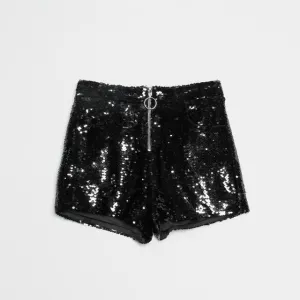 Sequin Shorts High Waist O-Ring Zip Front Bodycon