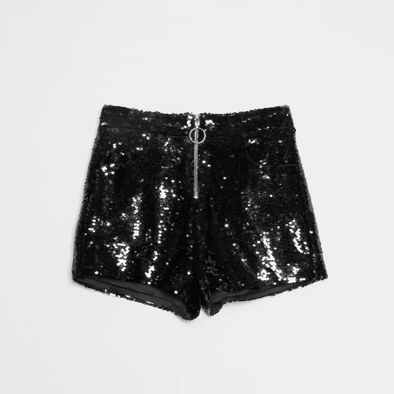 Sequin Shorts High Waist O-Ring Zip Front Bodycon