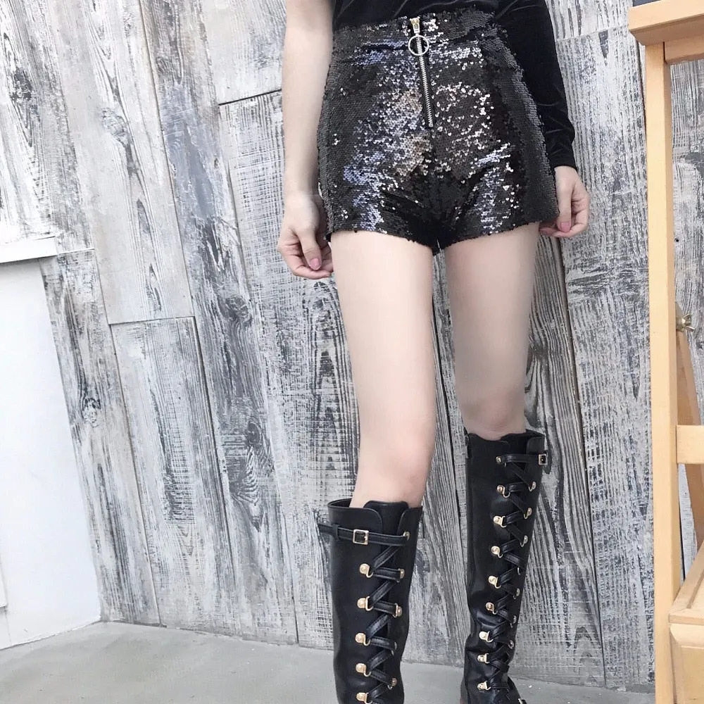 Sequin Shorts High Waist O-Ring Zip Front Bodycon