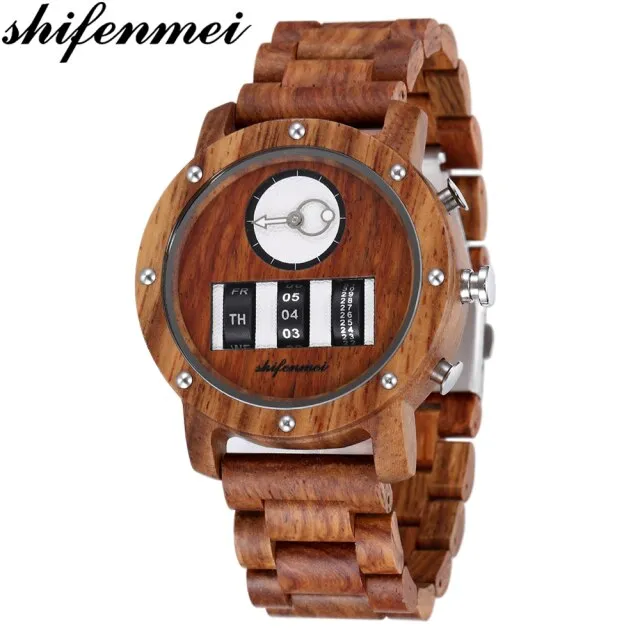 Shifenmei Watch Mens Roller Digital Dial Watch Top Luxury Brand Military Sport Quartz Wristwatch Wooden Watch Relogio Masculino