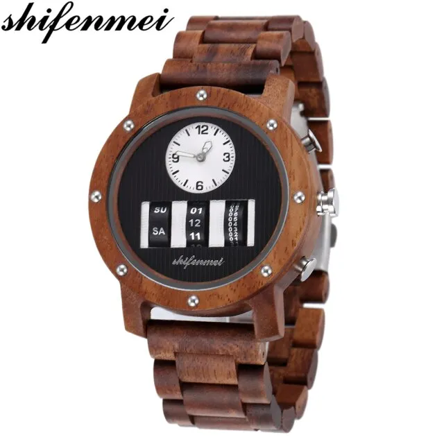 Shifenmei Watch Mens Roller Digital Dial Watch Top Luxury Brand Military Sport Quartz Wristwatch Wooden Watch Relogio Masculino