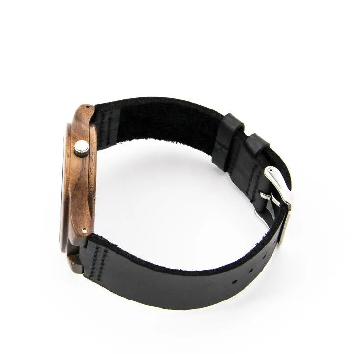 Solid Wood Watch with Black Leather Band