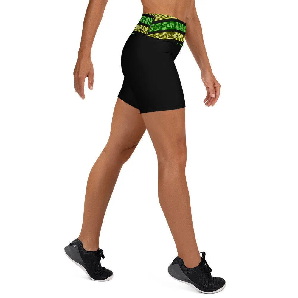 STFU Greek High Waisted Yoga Shorts - Green & Yellow on Black