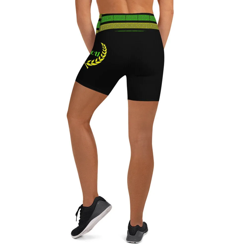 STFU Greek High Waisted Yoga Shorts - Green & Yellow on Black