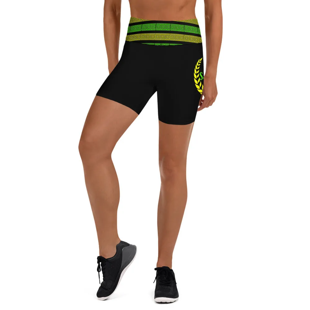 STFU Greek High Waisted Yoga Shorts - Green & Yellow on Black