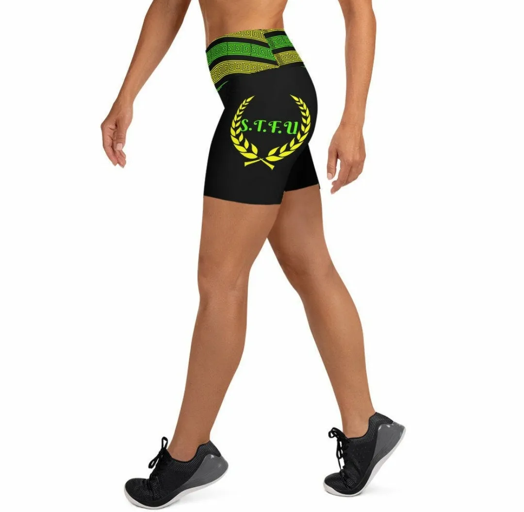 STFU Greek High Waisted Yoga Shorts - Green & Yellow on Black
