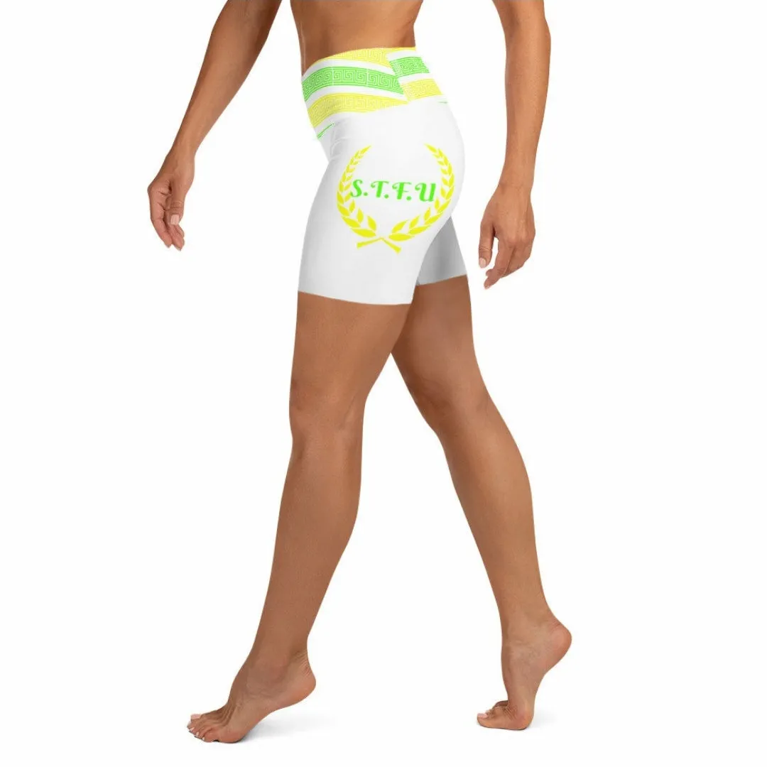 STFU Greek High Waisted Yoga Shorts - Green & Yellow on White