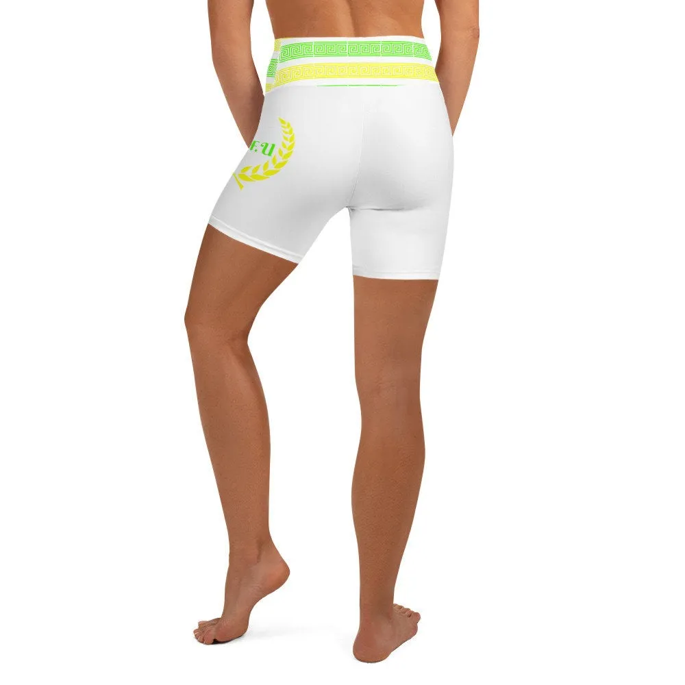 STFU Greek High Waisted Yoga Shorts - Green & Yellow on White