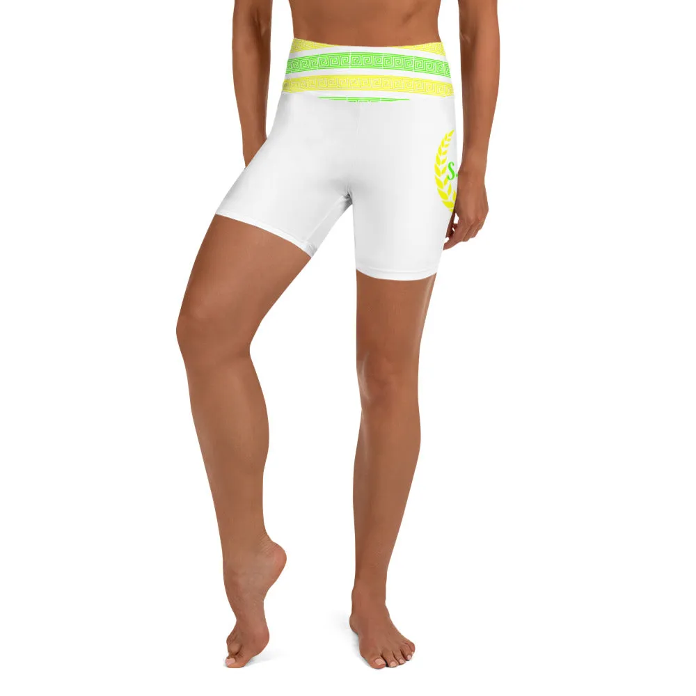 STFU Greek High Waisted Yoga Shorts - Green & Yellow on White