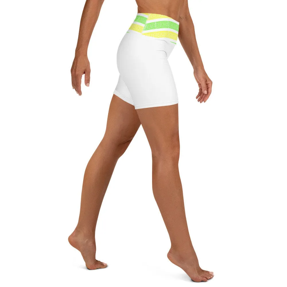 STFU Greek High Waisted Yoga Shorts - Green & Yellow on White