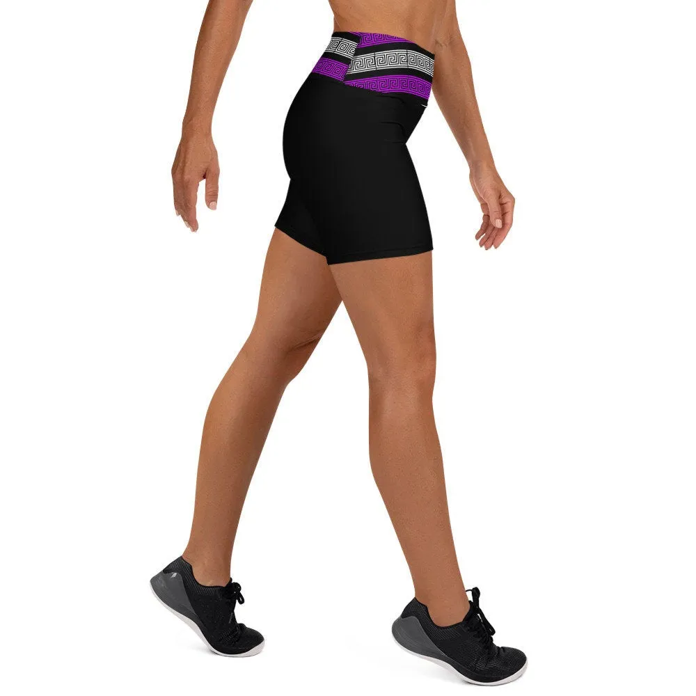 STFU Greek High Waisted Yoga Shorts - Purple & White on Black