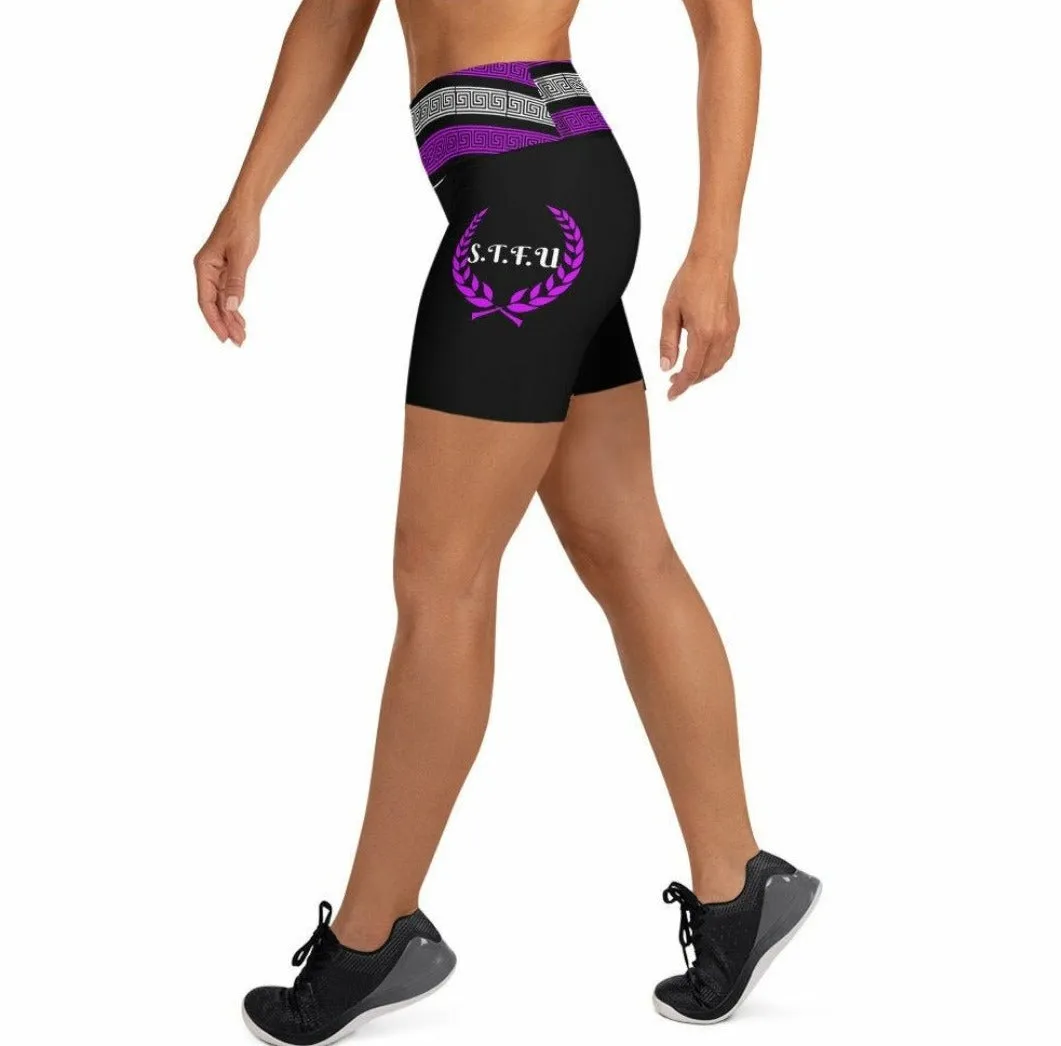 STFU Greek High Waisted Yoga Shorts - Purple & White on Black