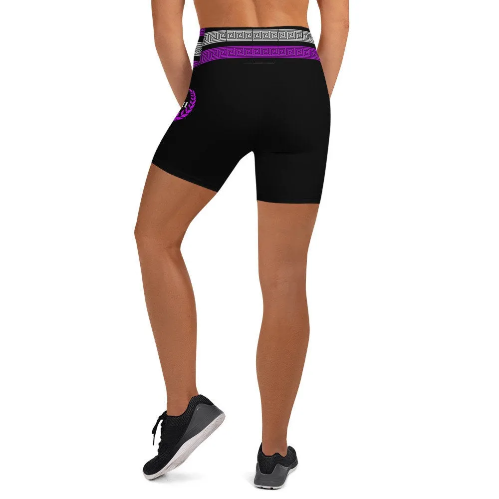 STFU Greek High Waisted Yoga Shorts - Purple & White on Black