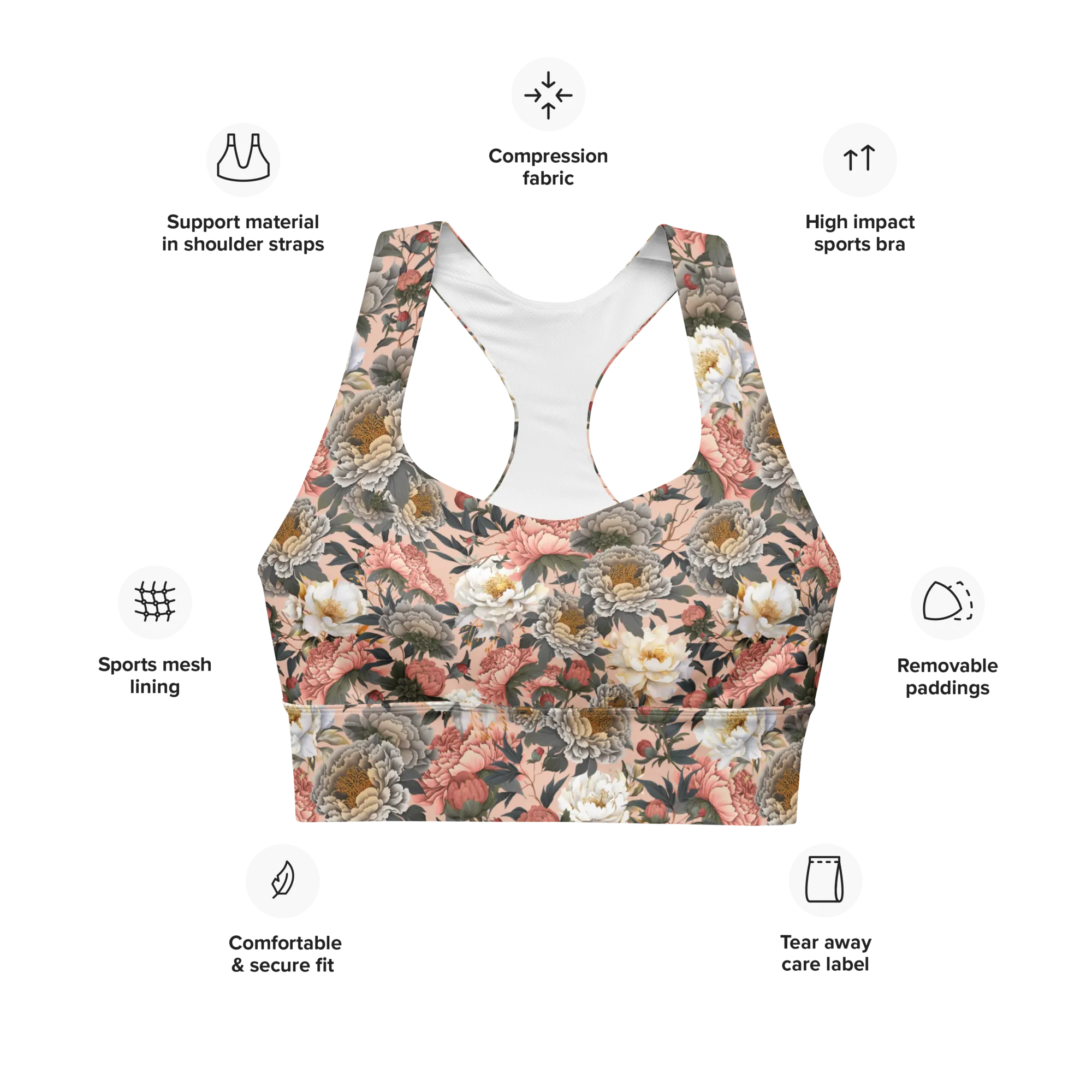 Tapestry Recycled Longline Sports Bra - Small Print - Zinnwaldite
