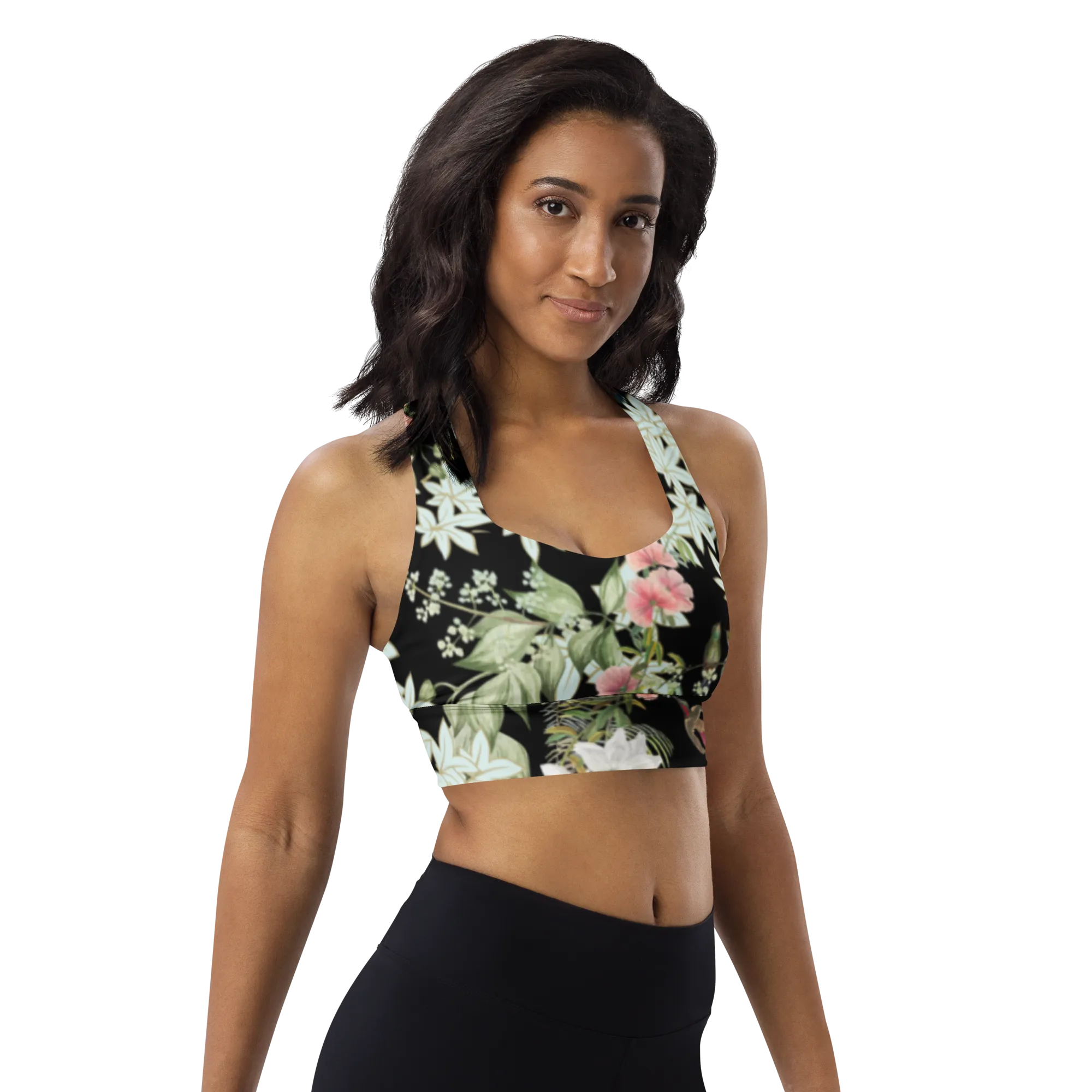 Tranquility Longline Sports Bra (Medium Print) - Black