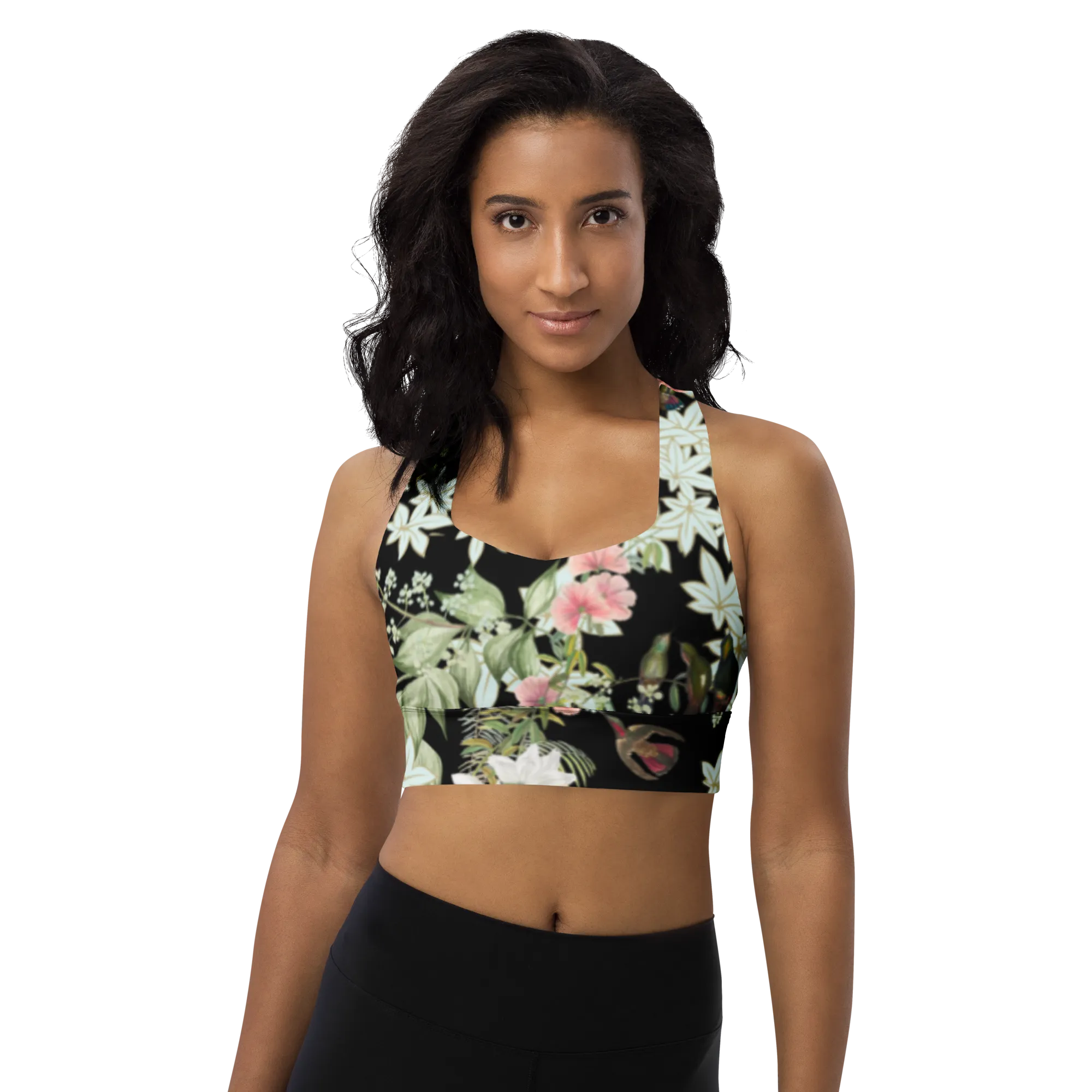 Tranquility Longline Sports Bra (Medium Print) - Black