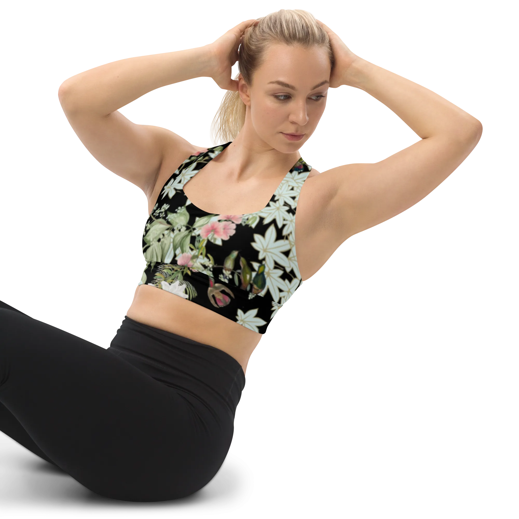 Tranquility Longline Sports Bra (Medium Print) - Black