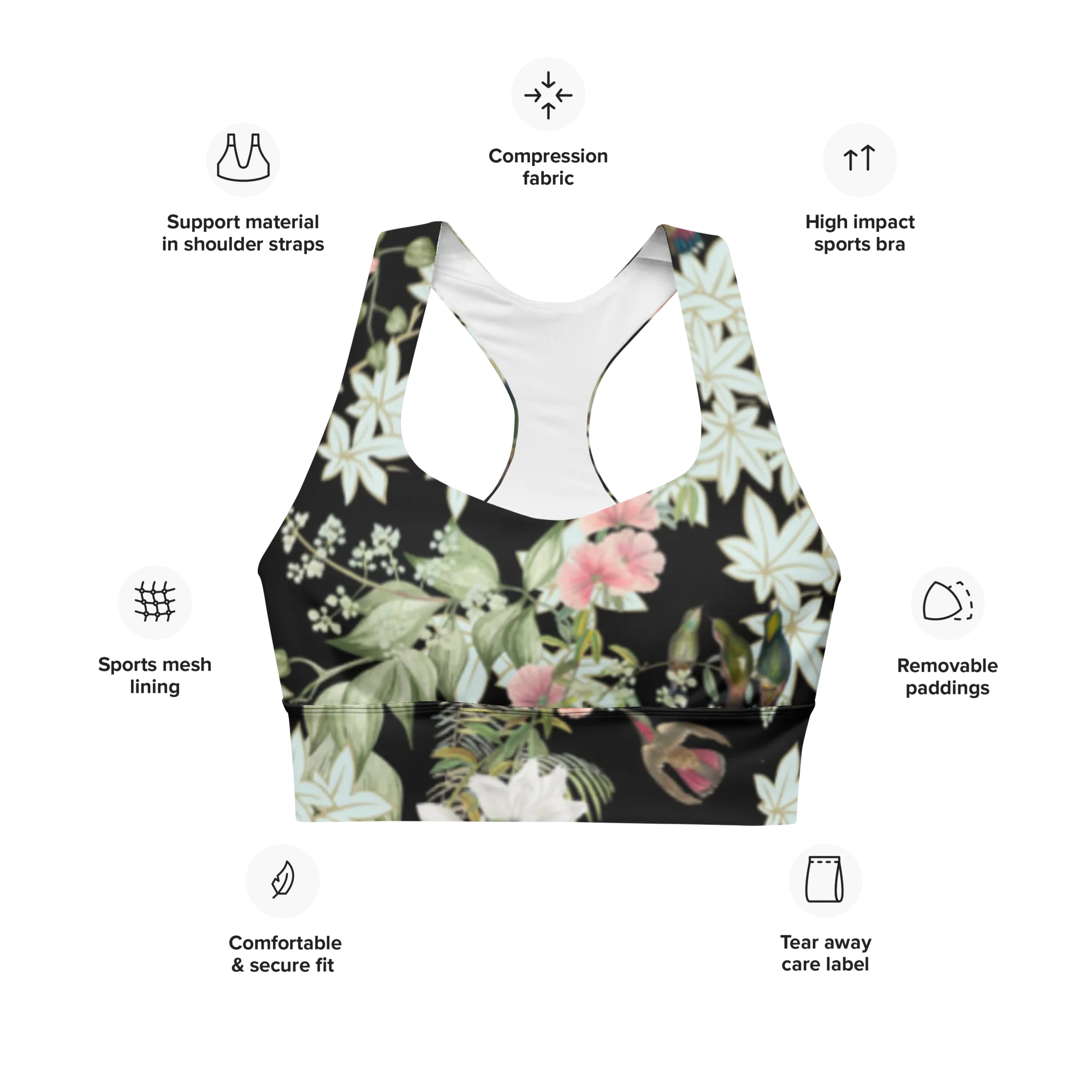 Tranquility Longline Sports Bra (Medium Print) - Black