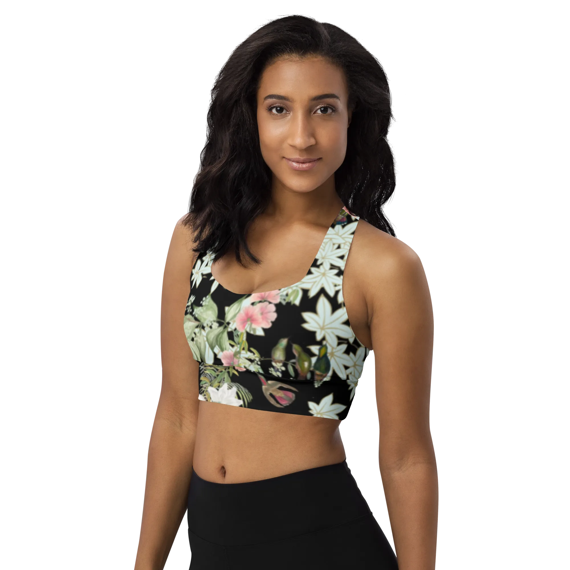 Tranquility Longline Sports Bra (Medium Print) - Black