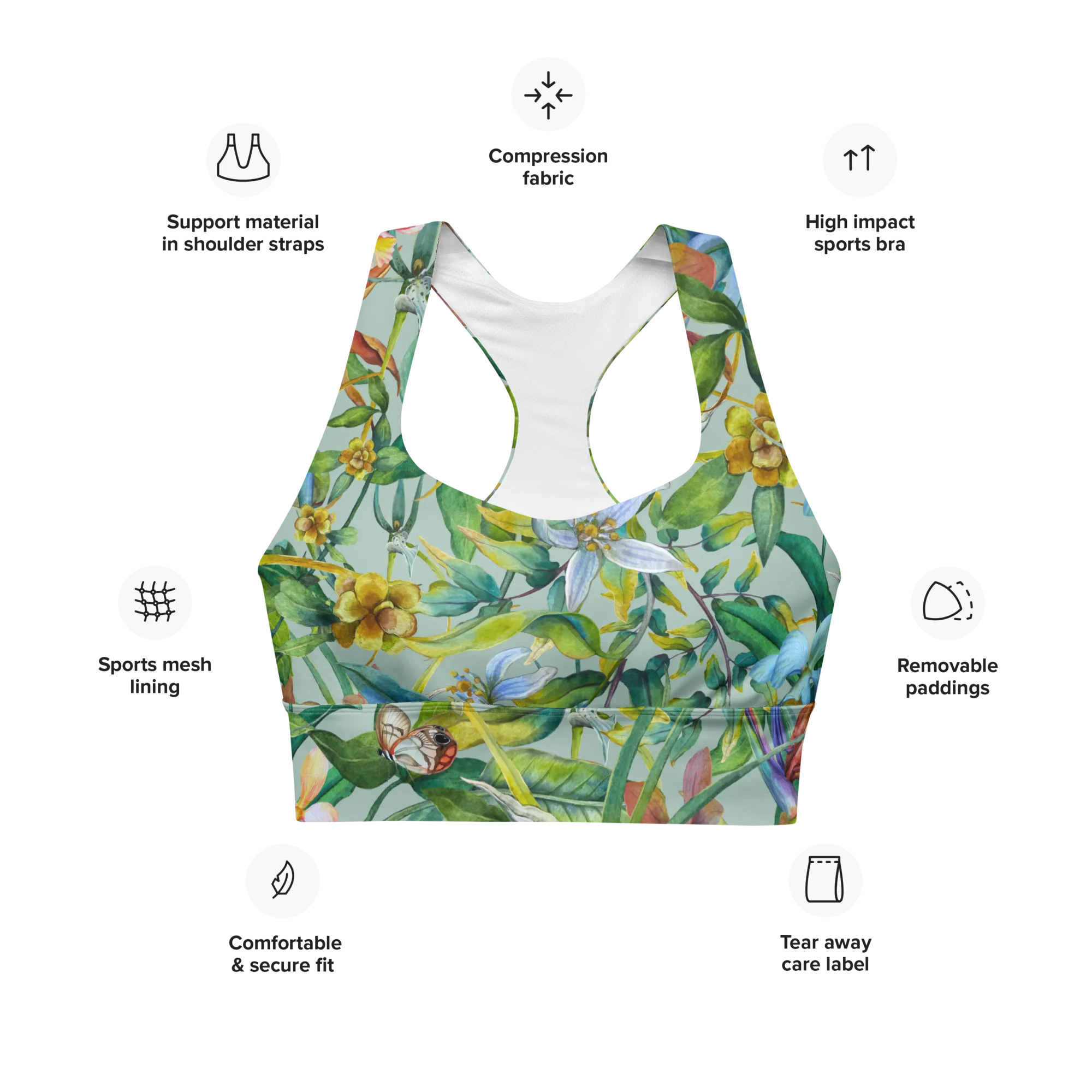 Tropical Garden Longline Sports Bra (Opal)