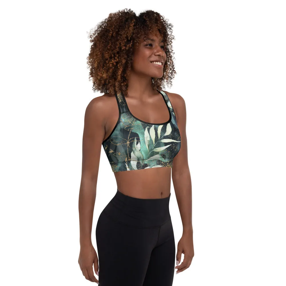 Turquoise, Black and Gold Splatter - Padded Sports Bra