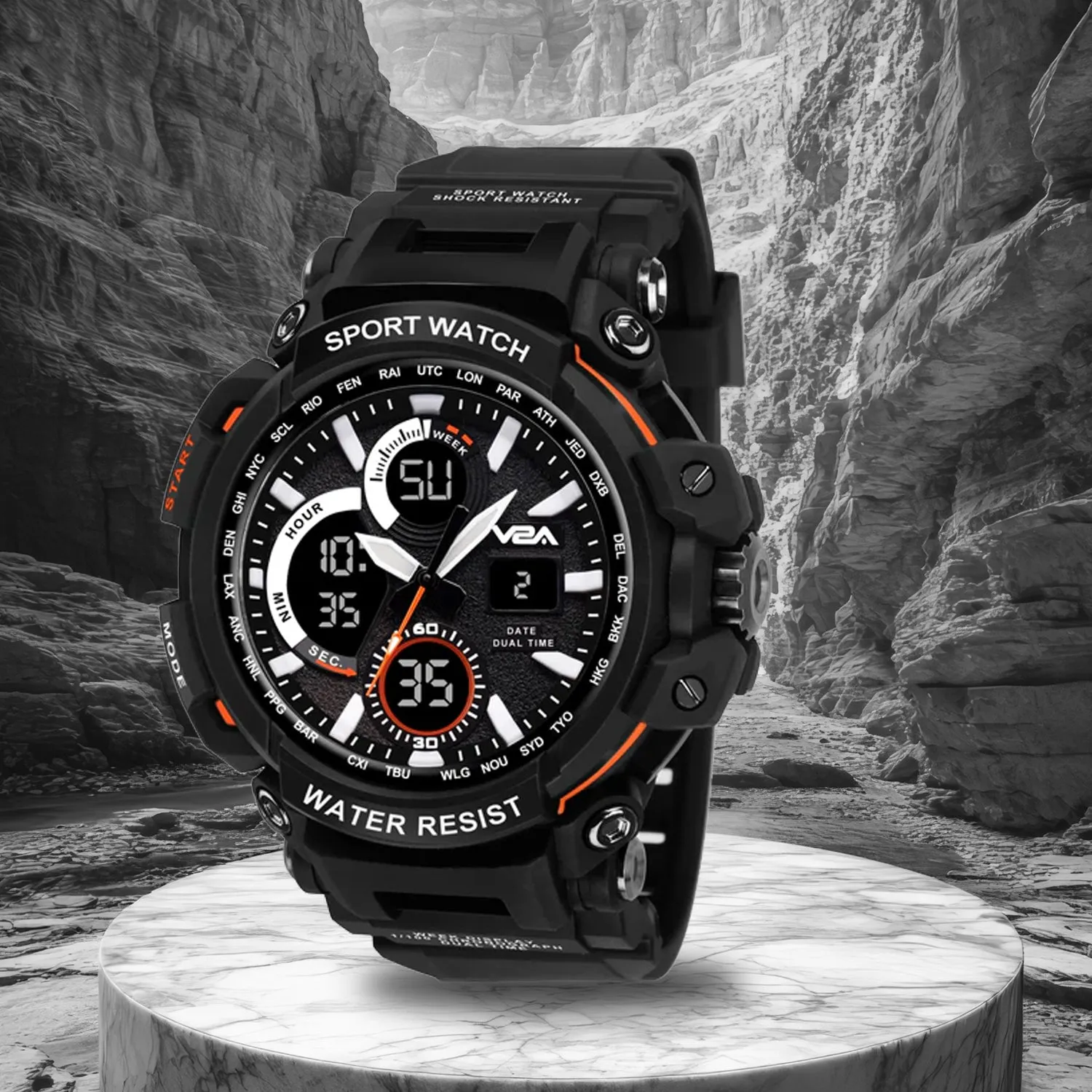 V2A Big Dial Black Outdoor Sport Shockproof Led Analogue And Digital Waterproof Chronograph Watch For Men