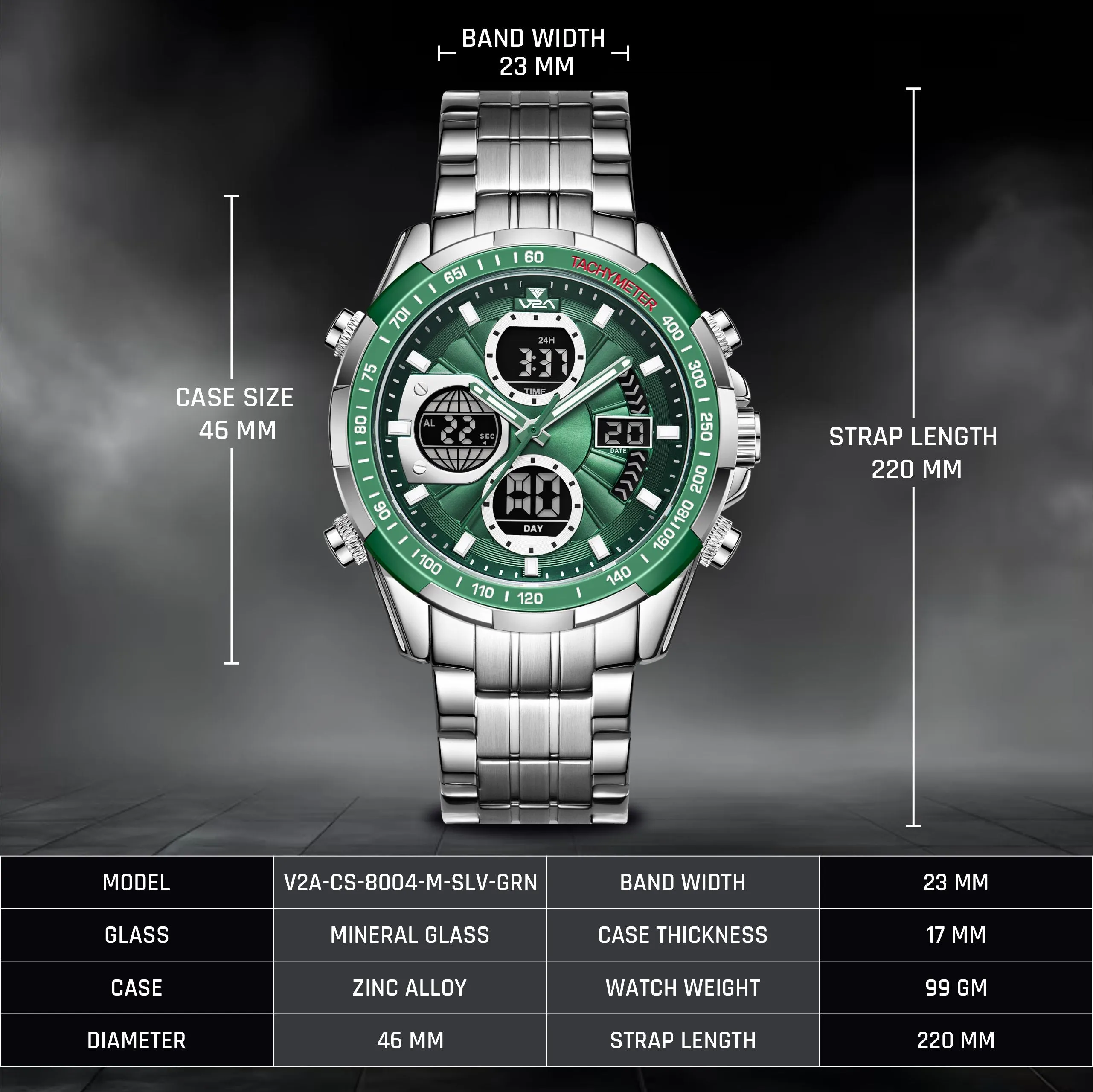 V2A Men’s Luxury Analog-Digital Chronograph Watch , 45mm Big Dial with Stainless Steel Band | Dual Display, Multifunction, 30M Waterproof | Stylish Gift for Him