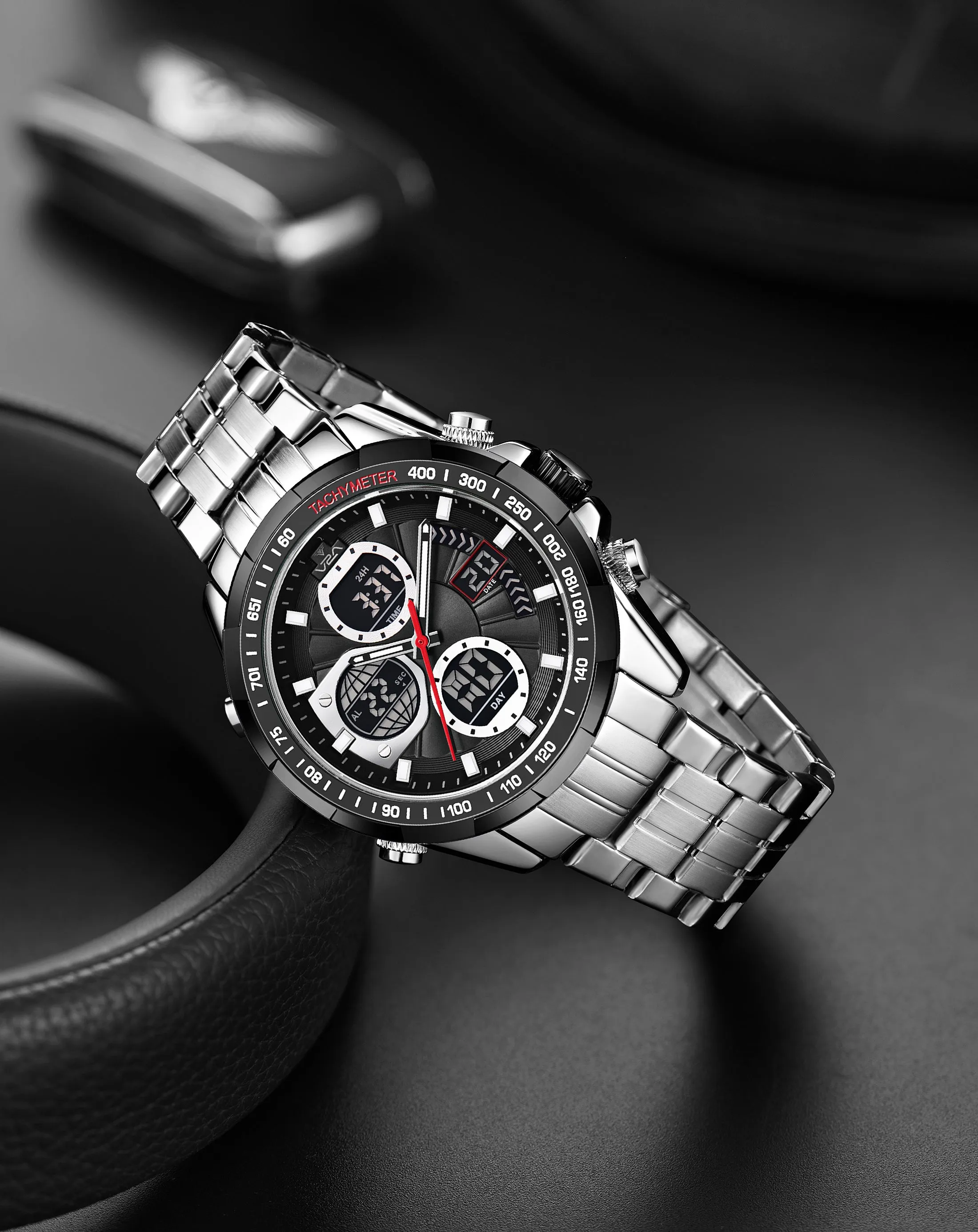 V2A Men’s Luxury Analog-Digital Chronograph Watch , 45mm Big Dial with Stainless Steel Band | Dual Display, Multifunction, 30M Waterproof | Stylish Gift for Him
