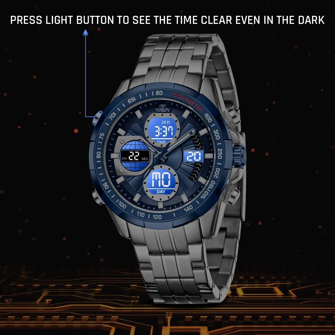 V2A Men’s Luxury Analog-Digital Chronograph Watch , 45mm Big Dial with Stainless Steel Band | Dual Display, Multifunction, 30M Waterproof | Stylish Gift for Him