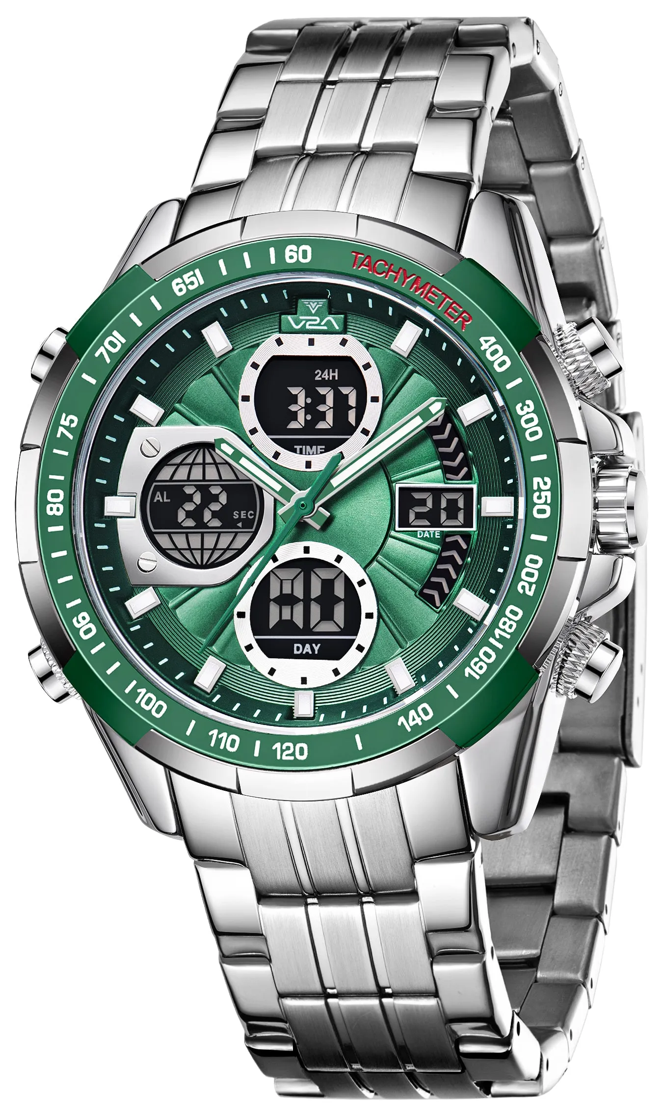 V2A Men’s Luxury Analog-Digital Chronograph Watch , 45mm Big Dial with Stainless Steel Band | Dual Display, Multifunction, 30M Waterproof | Stylish Gift for Him