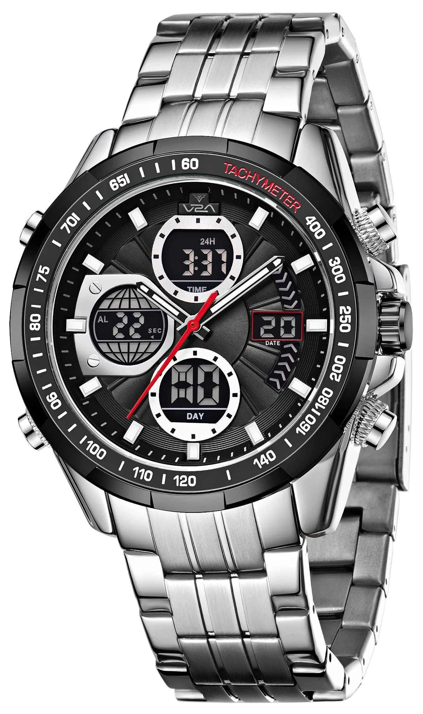 V2A Men’s Luxury Analog-Digital Chronograph Watch , 45mm Big Dial with Stainless Steel Band | Dual Display, Multifunction, 30M Waterproof | Stylish Gift for Him