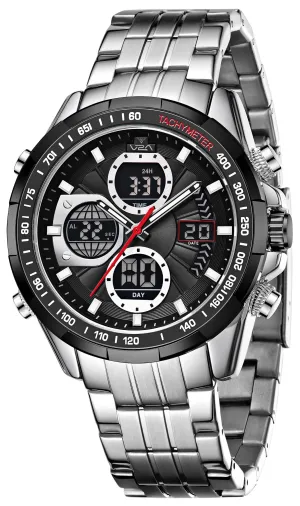 V2A Men’s Luxury Analog-Digital Chronograph Watch , 45mm Big Dial with Stainless Steel Band | Dual Display, Multifunction, 30M Waterproof | Stylish Gift for Him