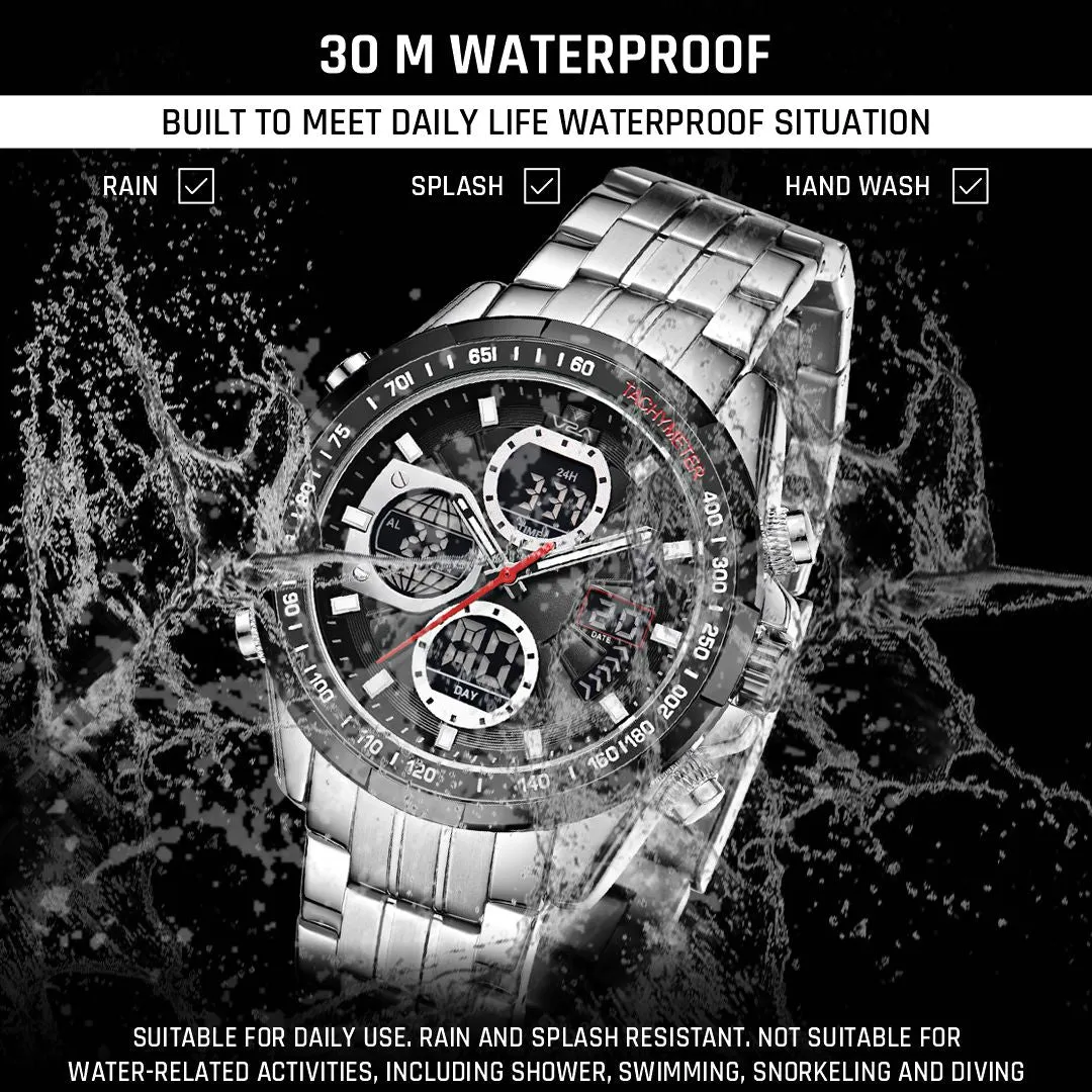 V2A Men’s Luxury Analog-Digital Chronograph Watch , 45mm Big Dial with Stainless Steel Band | Dual Display, Multifunction, 30M Waterproof | Stylish Gift for Him