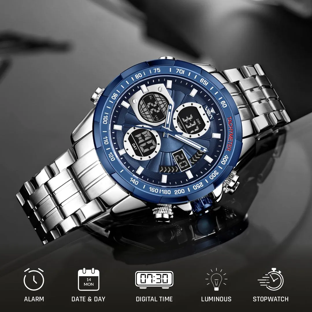 V2A Men’s Luxury Analog-Digital Chronograph Watch , 45mm Big Dial with Stainless Steel Band | Dual Display, Multifunction, 30M Waterproof | Stylish Gift for Him