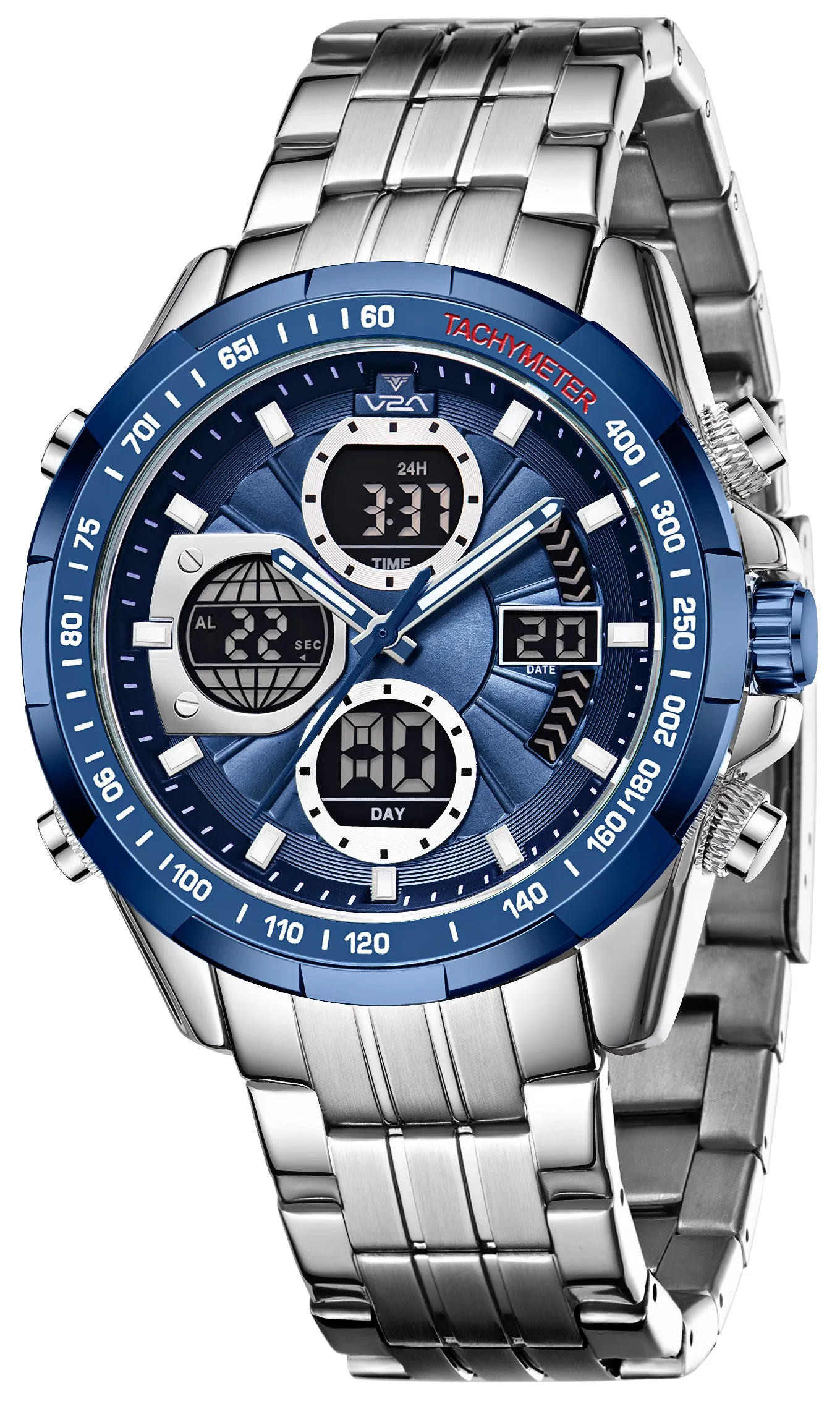 V2A Men’s Luxury Analog-Digital Chronograph Watch , 45mm Big Dial with Stainless Steel Band | Dual Display, Multifunction, 30M Waterproof | Stylish Gift for Him