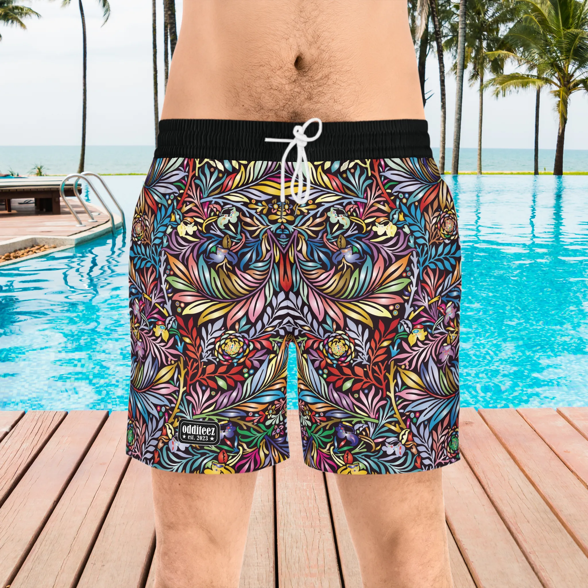 Vibrant Colored Floral pattern design, Black Men's Mid-Length Athleisure Dad Shorts