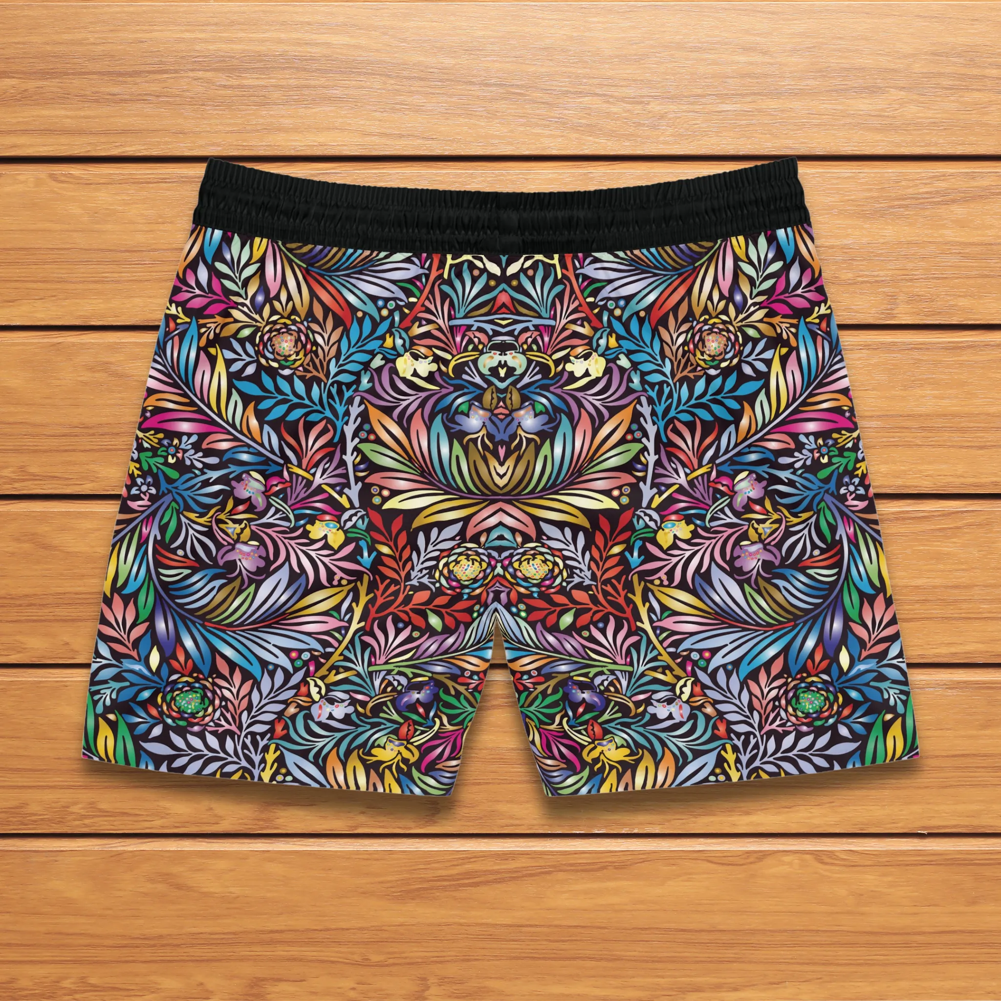 Vibrant Colored Floral pattern design, Black Men's Mid-Length Athleisure Dad Shorts