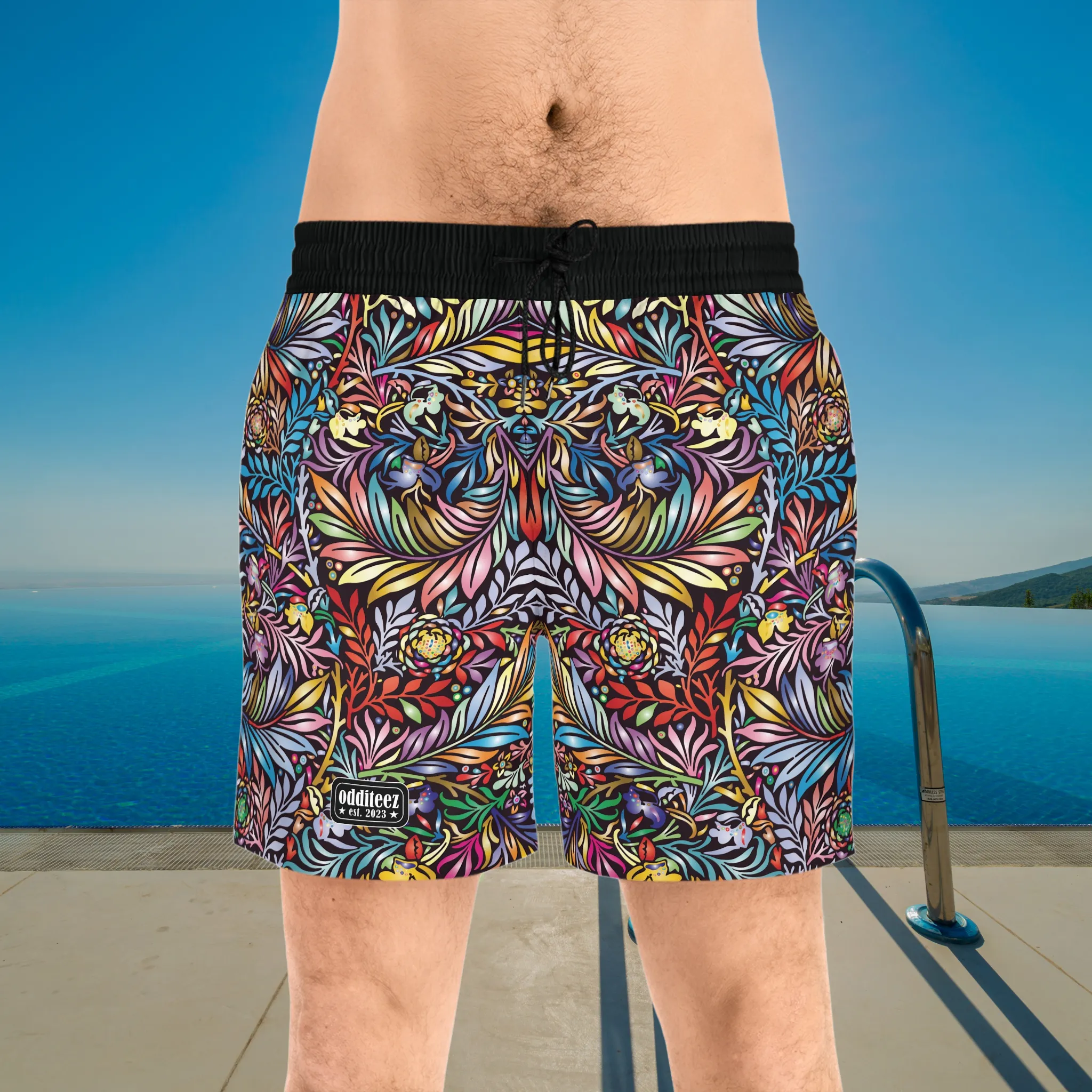 Vibrant Colored Floral pattern design, Black Men's Mid-Length Athleisure Dad Shorts