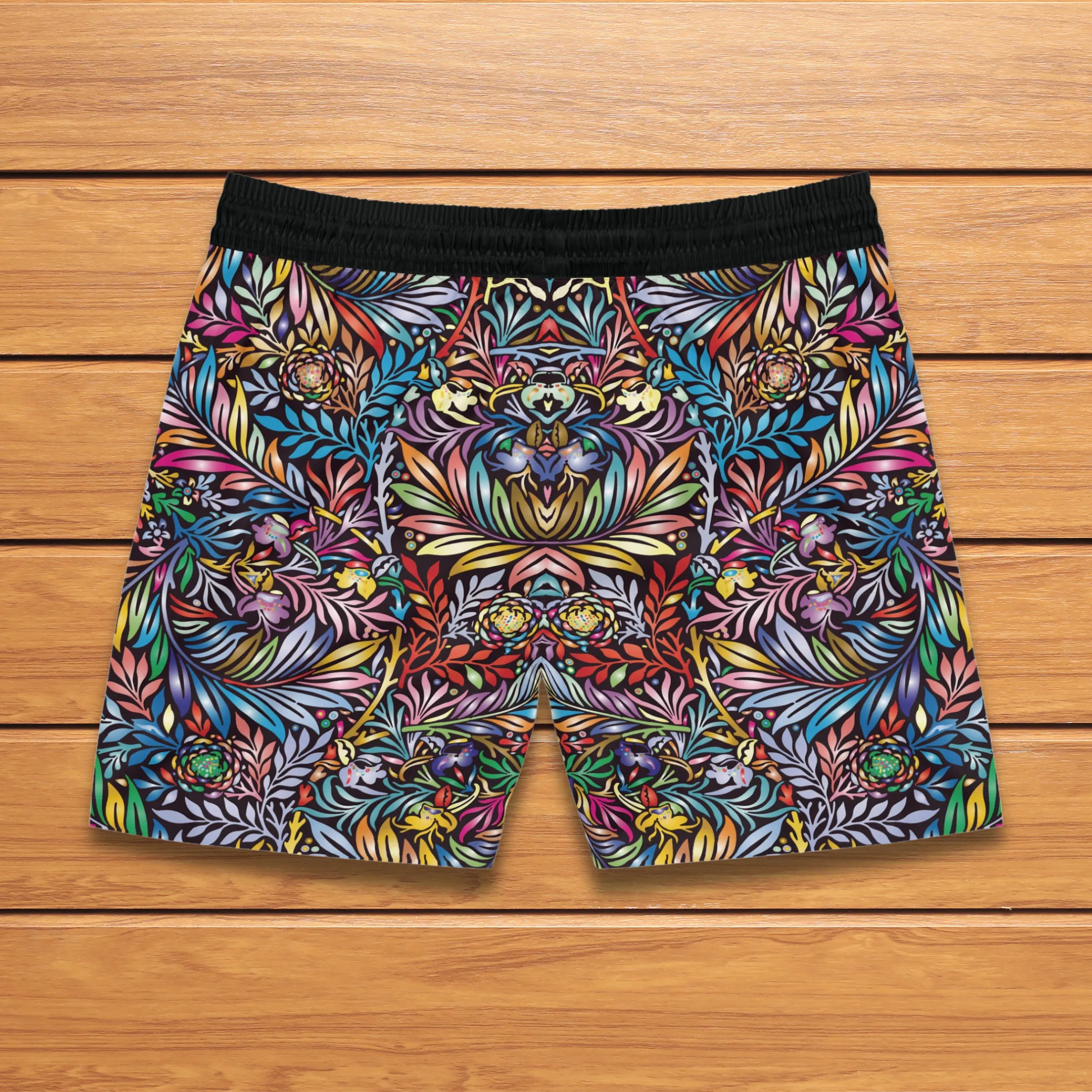 Vibrant Colored Floral pattern design, Black Men's Mid-Length Athleisure Dad Shorts