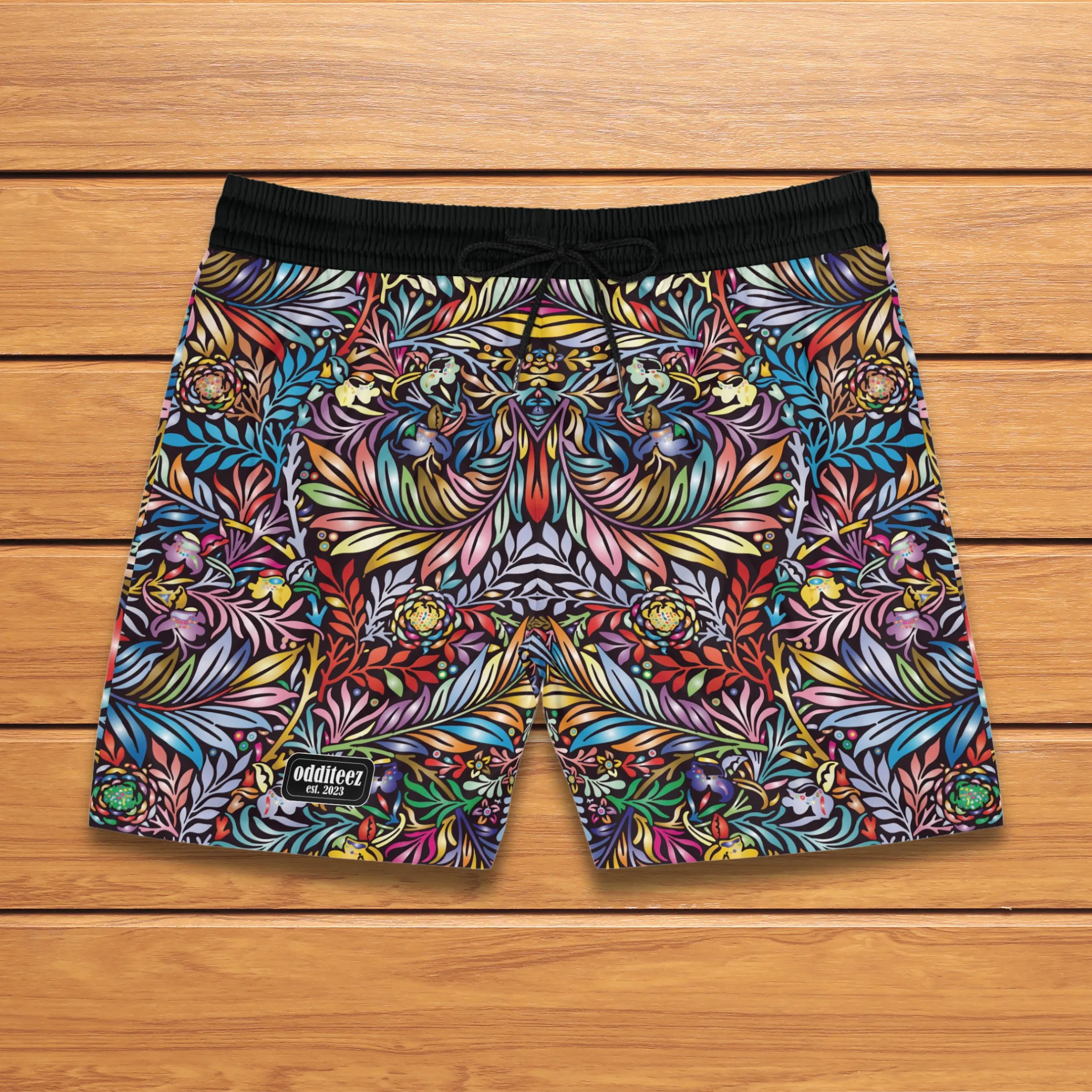 Vibrant Colored Floral pattern design, Black Men's Mid-Length Athleisure Dad Shorts