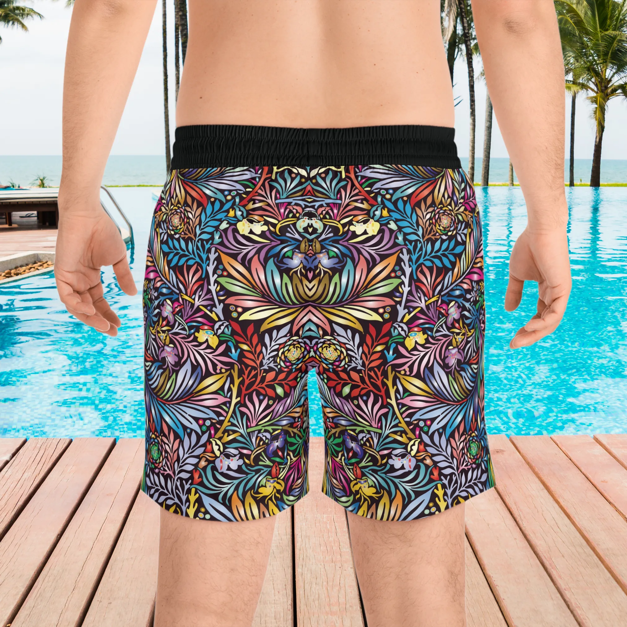 Vibrant Colored Floral pattern design, Black Men's Mid-Length Athleisure Dad Shorts