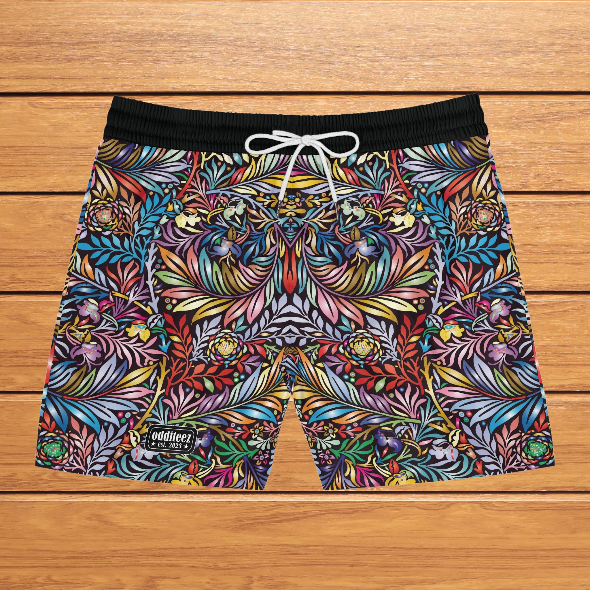Vibrant Colored Floral pattern design, Black Men's Mid-Length Athleisure Dad Shorts