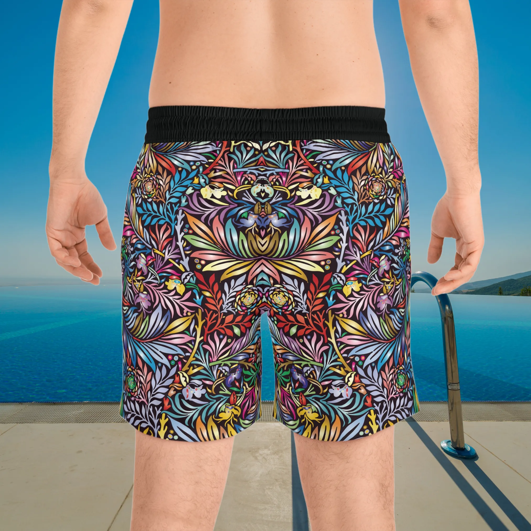 Vibrant Colored Floral pattern design, Black Men's Mid-Length Athleisure Dad Shorts