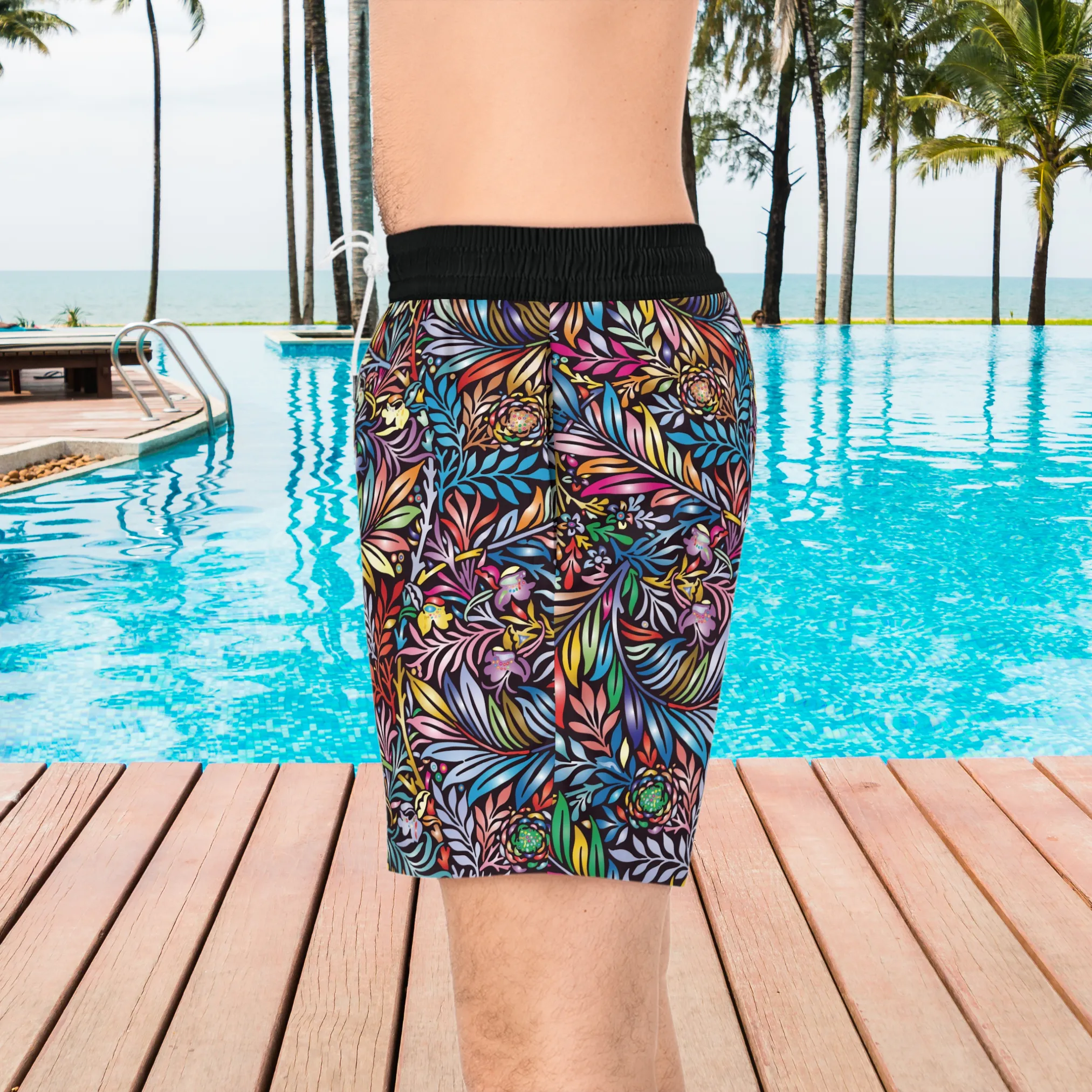 Vibrant Colored Floral pattern design, Black Men's Mid-Length Athleisure Dad Shorts