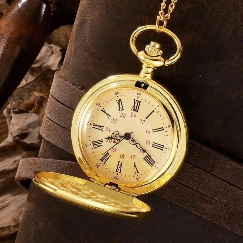 Vintage Roman Numerals Quartz Clock Pendant Necklace Gold Case Women