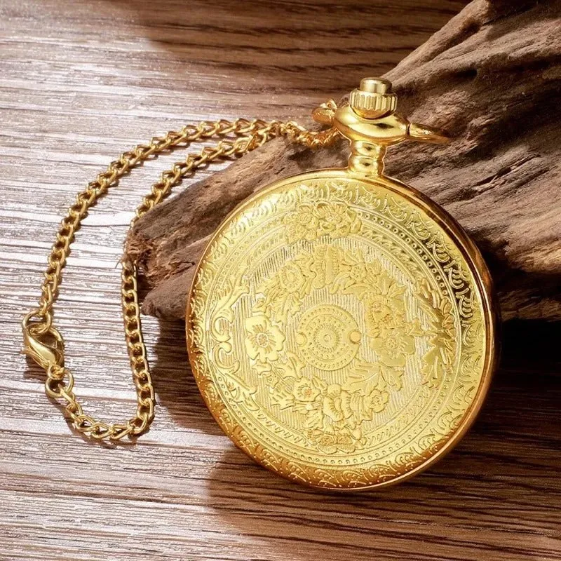 Vintage Roman Numerals Quartz Clock Pendant Necklace Gold Case Women