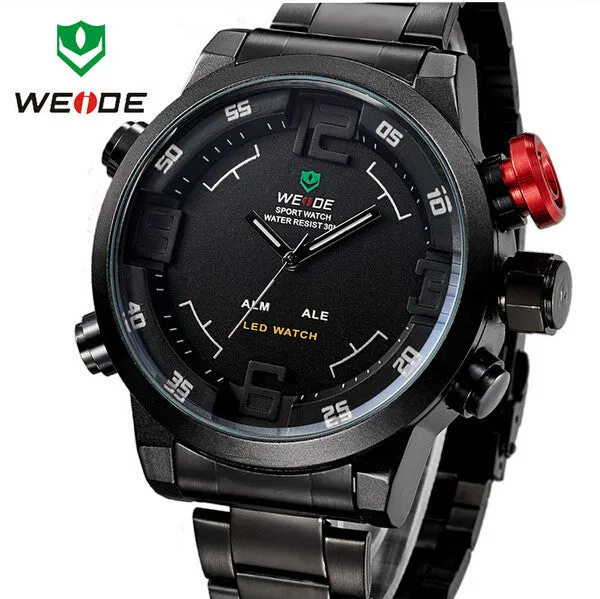WEIDE Luxury Brand Men Sports Watches Full steel Army Military Watch LED Digital Analog 30m Waterproof Dive Quartz Wristwatches
