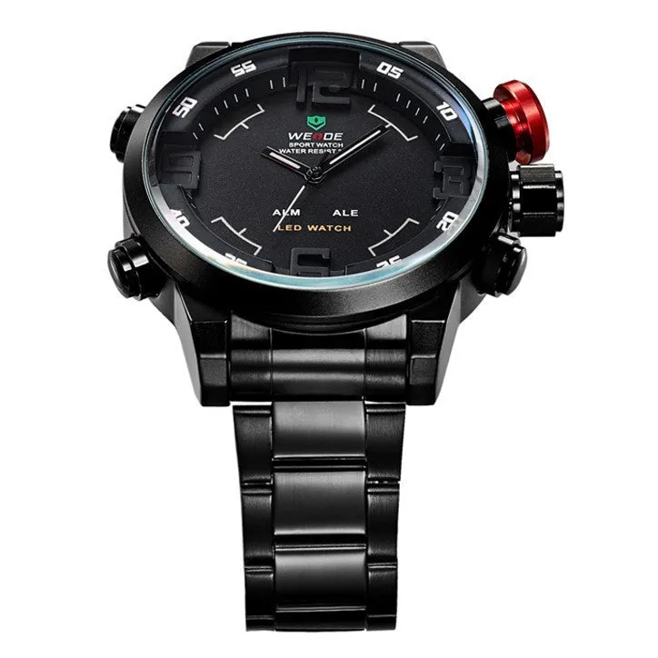 WEIDE Luxury Brand Men Sports Watches Full steel Army Military Watch LED Digital Analog 30m Waterproof Dive Quartz Wristwatches